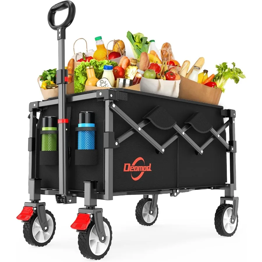 

Collapsible Foldable Wagon Wagon Cart Heavy Duty Foldable with Two Drink Holders and All Terrain Wheels with Brake Utility Groc