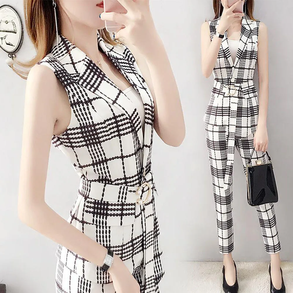 Women\'s Summer Plaid Set Sleeveless Tops Fashion Nine-Point Pants Woman Office Ladies Two Piece Business Pants Femme Suit  Outfi