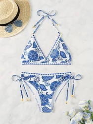 ZTVitality Floral Pattern 2 Piece Set Bikini 2024 New Padded Bra Sexy Halter Bandage Swimsuit Women Swimwear Summer Brazilian