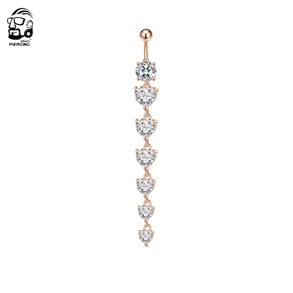 7 Heart Crystals Long Dangled Belly Button Rings