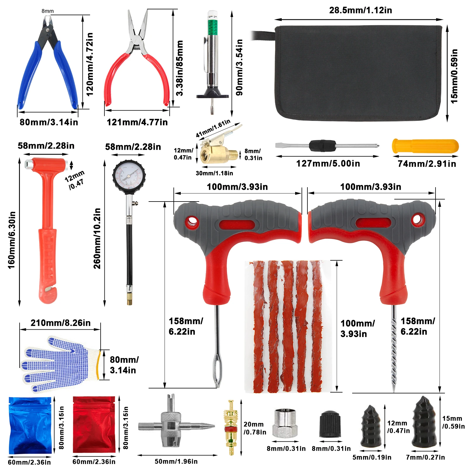 73pcs Car Tire Repair Tool Kit Auto Emergency Flat Tire Puncture Plug Needle Nose Pliers Cutter Tyre Nail Tire Pressure Gauge