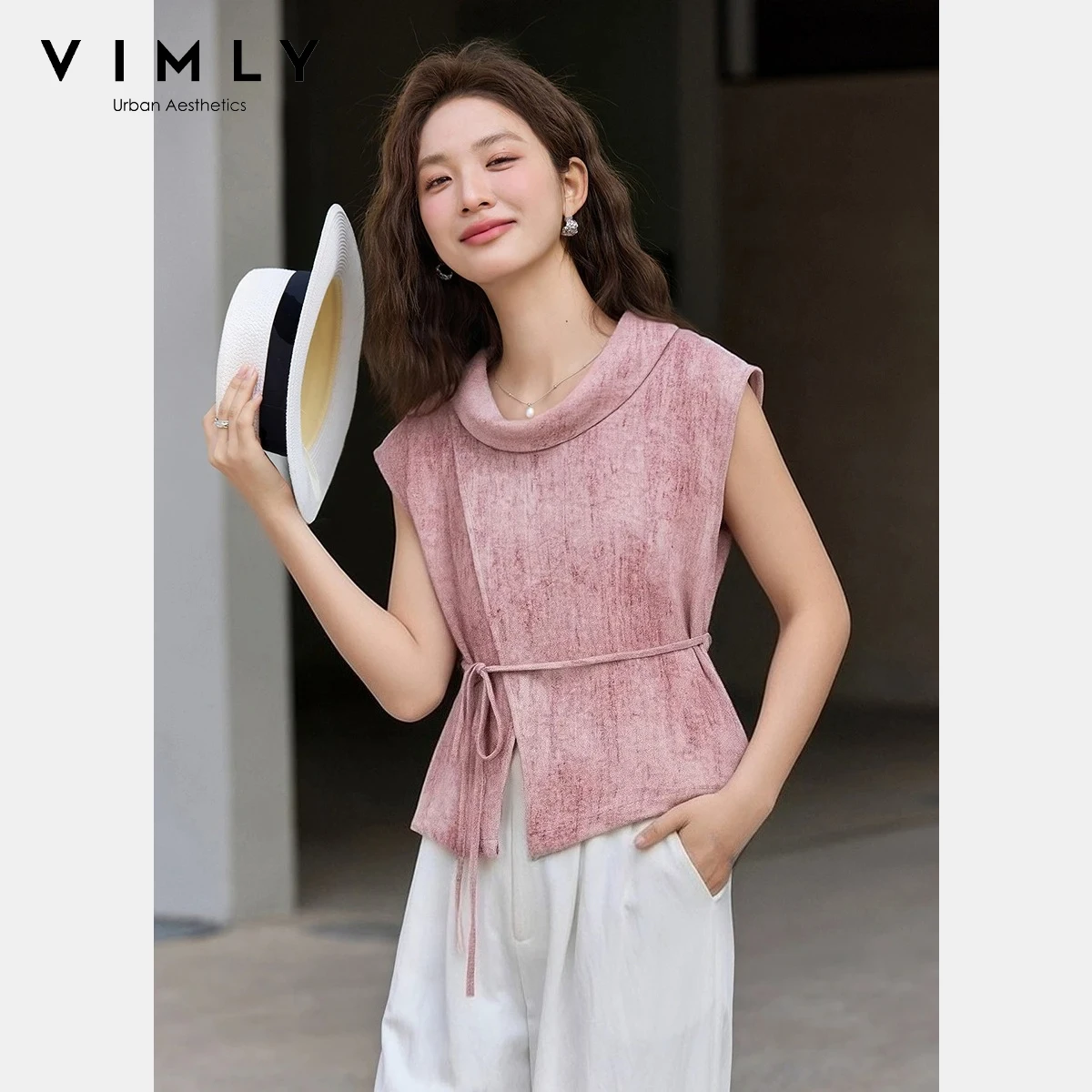 

Женская блузка без рукавов VIMLY, летняя новинка 2026, французский минималистичный стиль, с вырезом-каули, асимметричная, с завязками на талии, легкий повседневный топ 30703