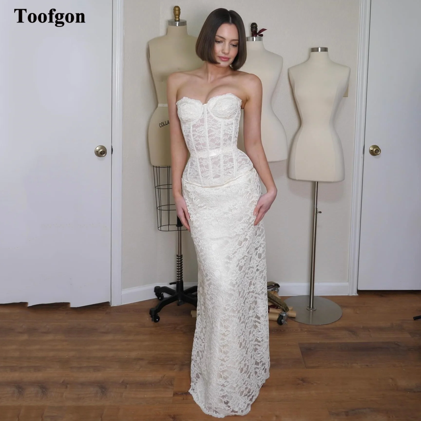 Toofgon 2 Pieces Mermaid Full Lace Bride Dresses Sweetheart Transparent Floor Length Wedding Dress Formal Party Bridal Gowns