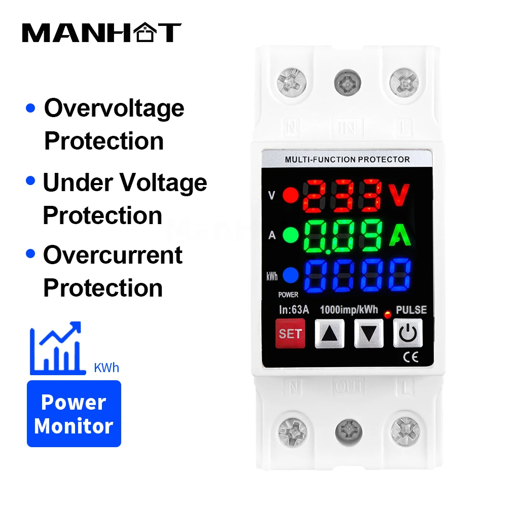 63A Circuit Breaker Din Rail 3in1 Display Adjustable Over Voltage Current and Under Voltage Protection Device Protecttion Relay