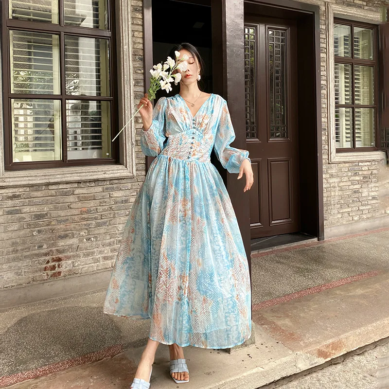 Blue Retro Long sleeve Autumn Dress Summer French New Loose V Neck Boho Maxi Dresses Seaside Holiday Dresses For Women 2024