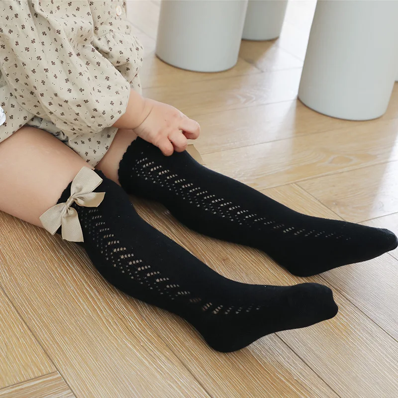 2024 New Kids Knee High Socks Baby Girls Boys Bow Long Sock Soft Cotton Mesh Breathable Children Hollow Out Socken For 0-7 Years