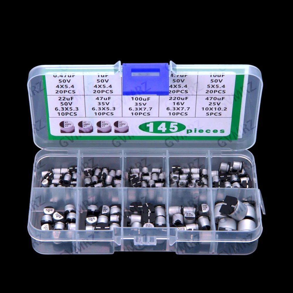 10Values 2.2UF 4.7UF 10UF 0.47UF-22UF 145PCS SMD Aluminum Electrolytic Capacitor Kit 0.47UF 1UF 50V