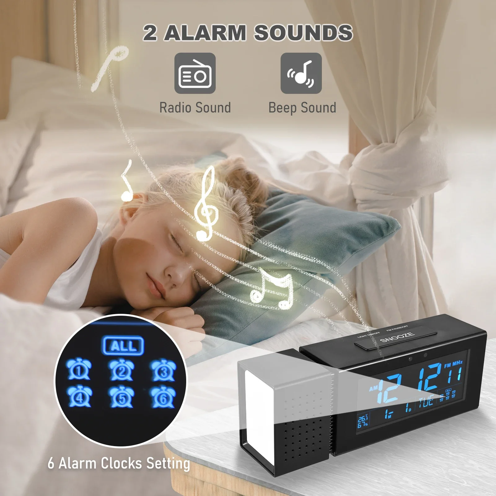 Alarm Clock Digital Electronic Clock LCD  7 Backlight Colors Humidity Temperature Display with Snooze Night Light FM Radio