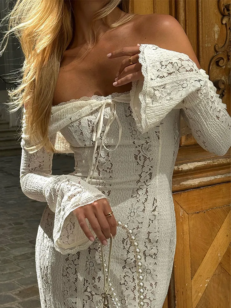 White Floral Lace Off-shoulder Maxi Dress For Women Elegant Strapless Backless Long Sleeve Bodycon Robes 2024 Lady Party Dresses