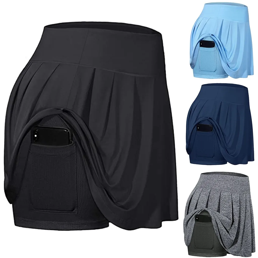 Nova Primavera E Verão das mulheres Saias de Tênis Run Yoga Inner Shorts Elastic Sports Bolsos Skorts Cintura Alta Saia Curta