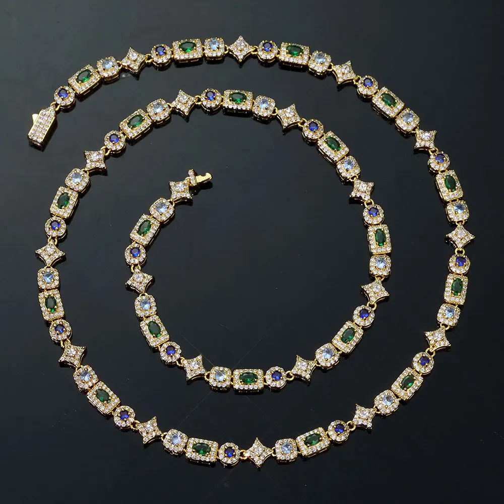 NY High Quality 6mm Iced Out Diamond Star Chain Necklace Colorful Geometric Blue/Green/White Zircon Chain Hip Hop Fine Jewelry