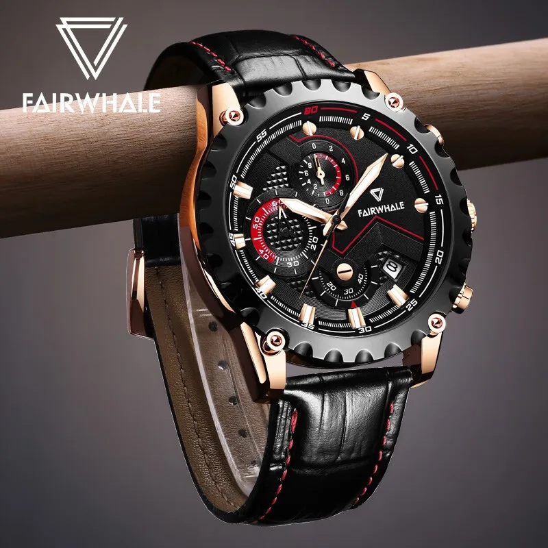 

Mark Fairwhale Leather strap Men's Watch Waterproof Luminous Date Display Multifunctional Watches for man