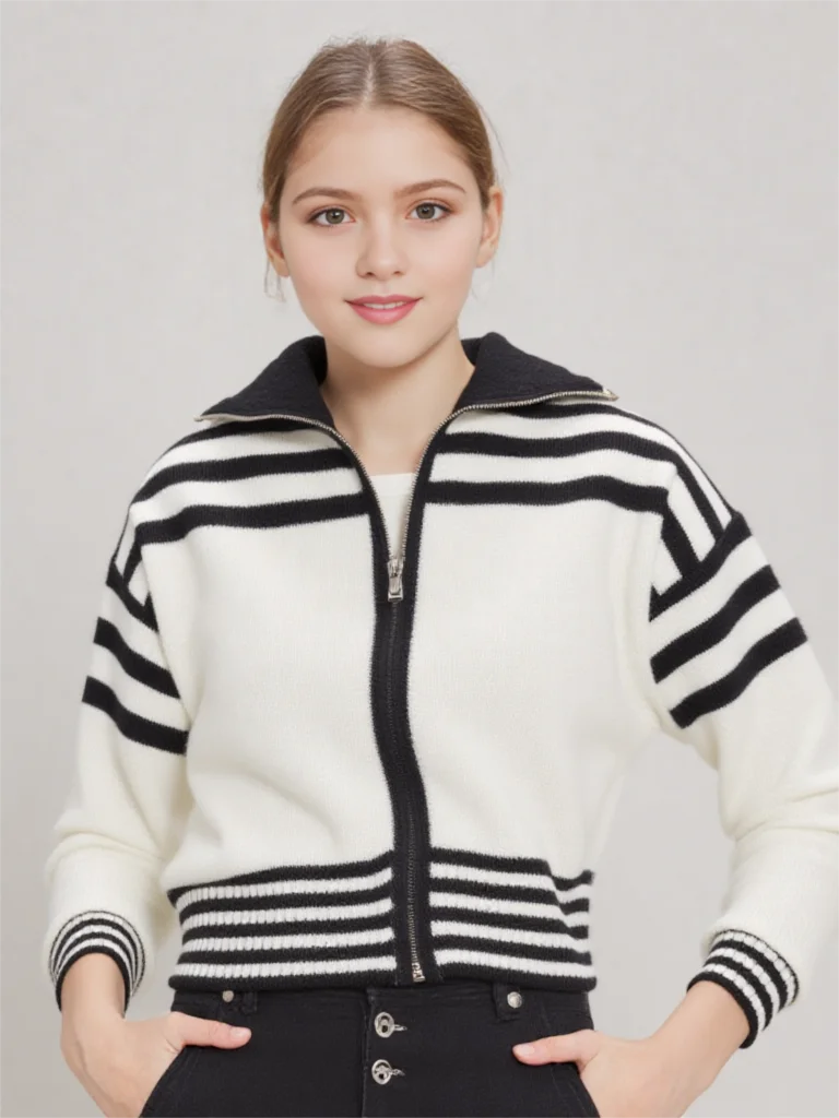 

Women Cardigan Vintage Contrast Striped Autumn Winter Long Sleeve Zipper Sweater Korean Fashion Street Casual Female Clothing