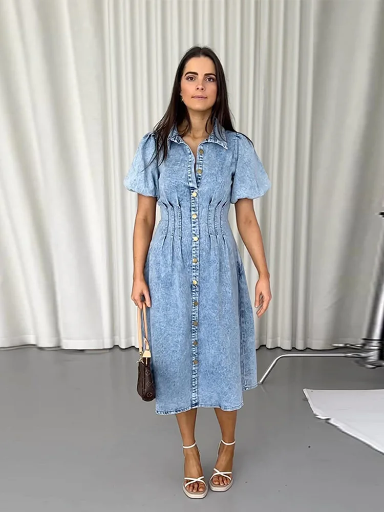 

Retro Lapel A-line Denim Dress for Women Cinching Waist Ruff Sleeves Single-breasted Solid Long Skirts Chic Fashion High Street