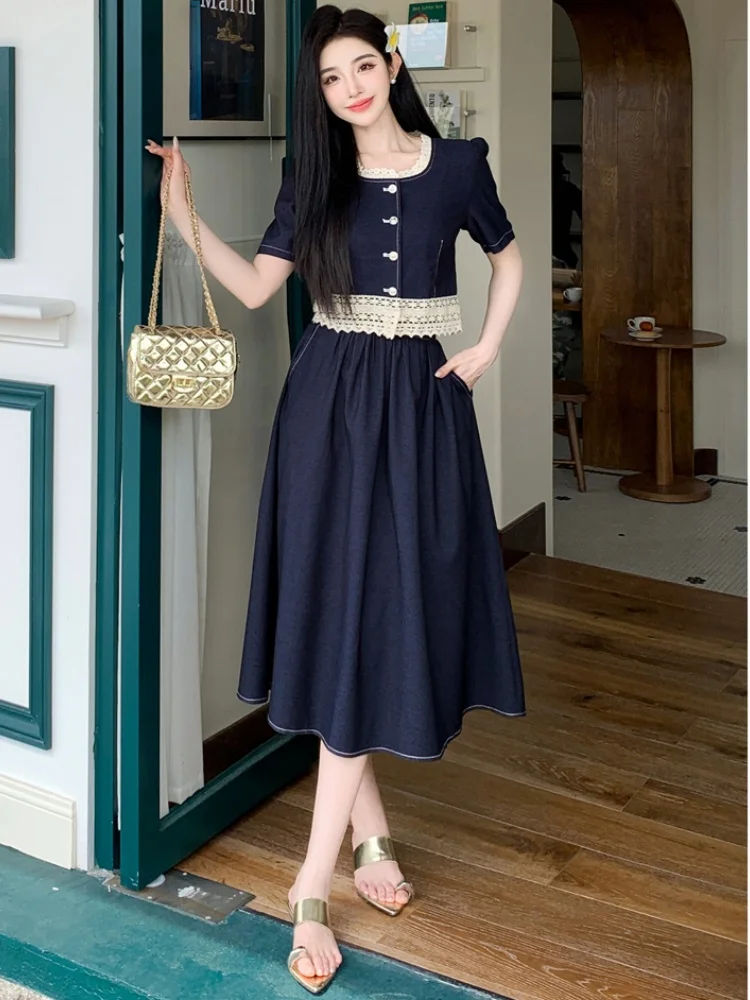 

New Summer Square Collar Lace Spliced Tencel Denim Temperament Short Top Two-Piece Set Women's Elastic High Waist Long Skirt Set
