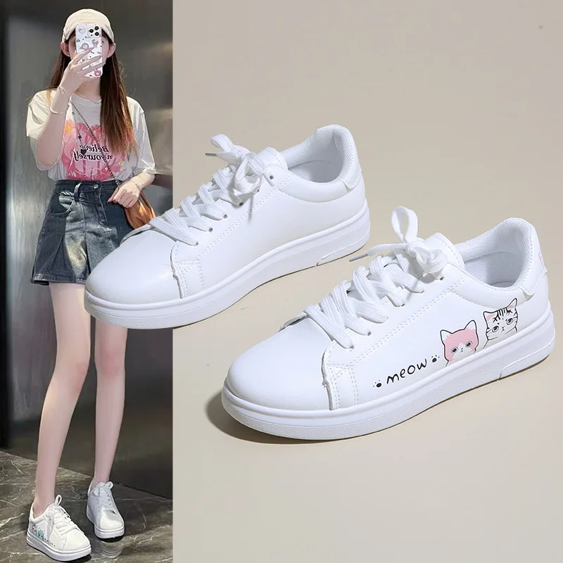 Zapatillas de deporte para mujer, zapatos vulcanizados transpirables a la moda, bonitos zapatos de PU con dibujos de gatos, zapatos informales con cordones, zapatos blancos para mujer, Zapatos De Mujer