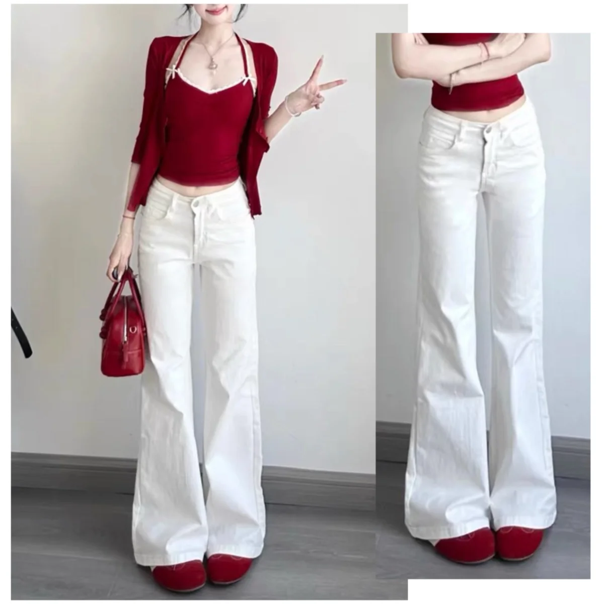 White Elasticity Women's Low Waisted Micro Flared Jeans Elegant Commute Flared Denim Trouser Sweet Fashion Y2K Long Pants New