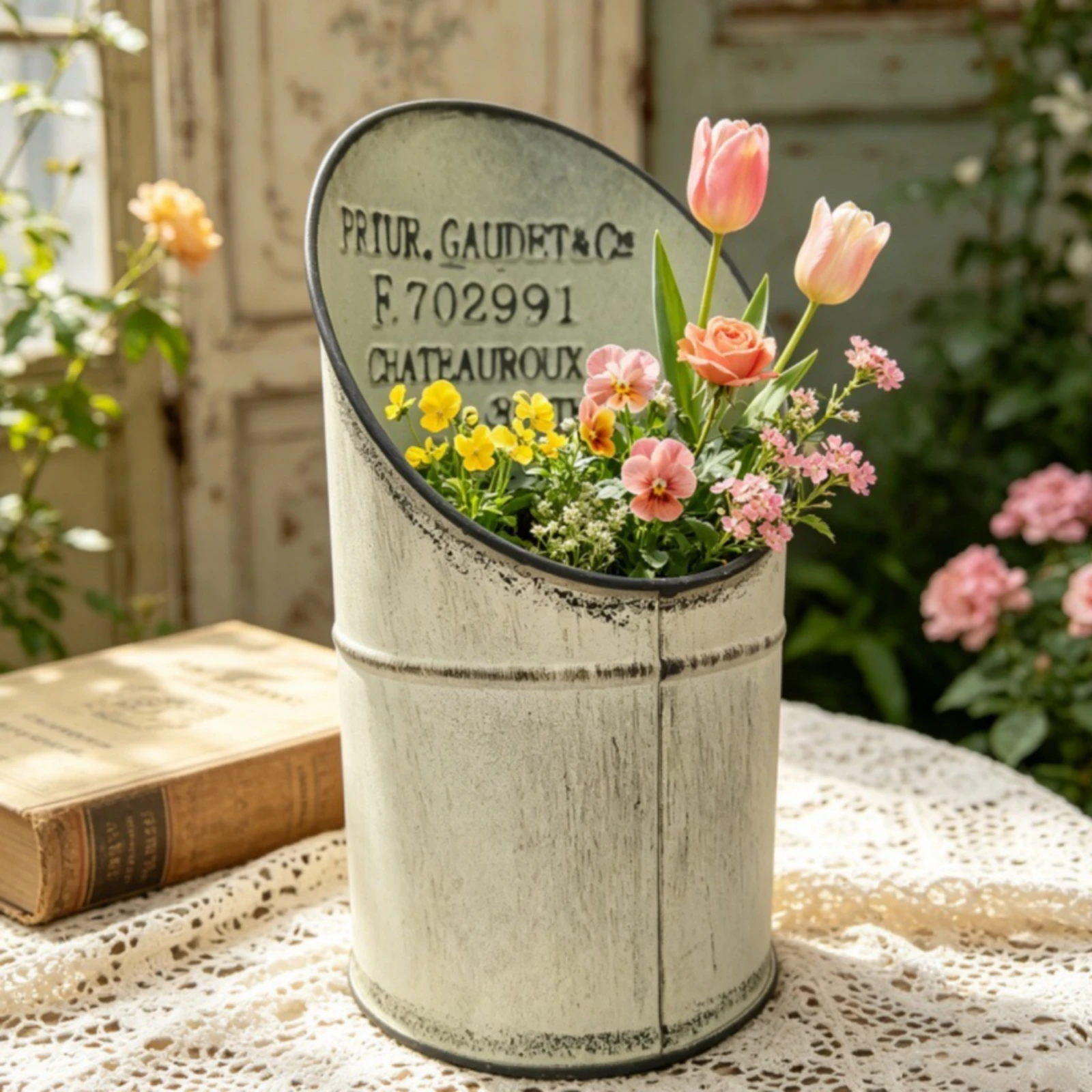 Vintage Metal Planter Embossed Text Tabletop Flower Pot Home Decor Slanted Oval Opening House Decoration Stable Base for Balcony