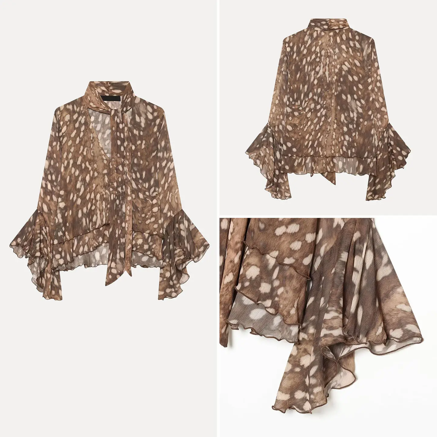 Fashionable Retro Spot Print Belted Semi-Transparent Women's Shirt Loose Fit Long Sleeve Casual Style Autumn Collection