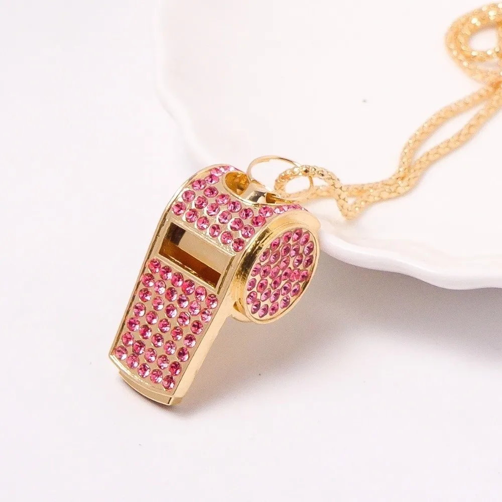 Shining Whistle with Lanyard Crystal Rhinestone Whistle Chain Double Layered Gold Bling Whistle For Referees, Coaches, Teachers