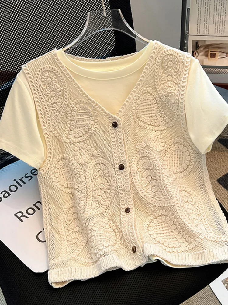 

Recommended Self-Purchase Two-Piece Set Hollow Knitted Vest ort Sve T-irt Women's Design Sensation Korean Sle ...