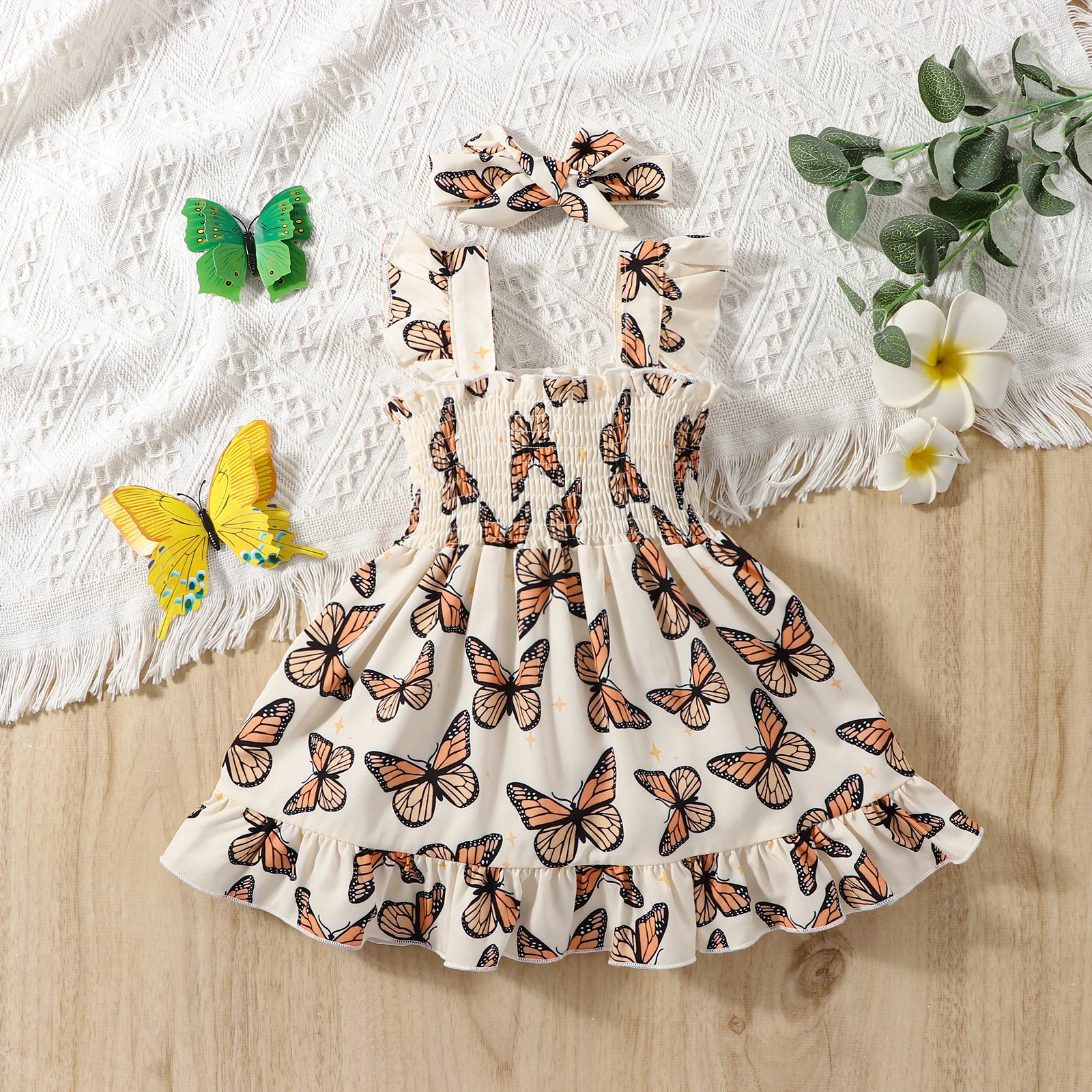 Summer-Ready: Adorable Butterfly Print Dress & Bow Headband Set for Baby Girls