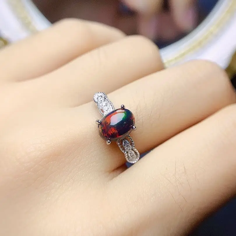 

Oval 6x8mm Ethiopian Fire Black Opal Engagement Ring 925 Sterling Silver Natural Opal Promise Ring For Anniversary Party Gift