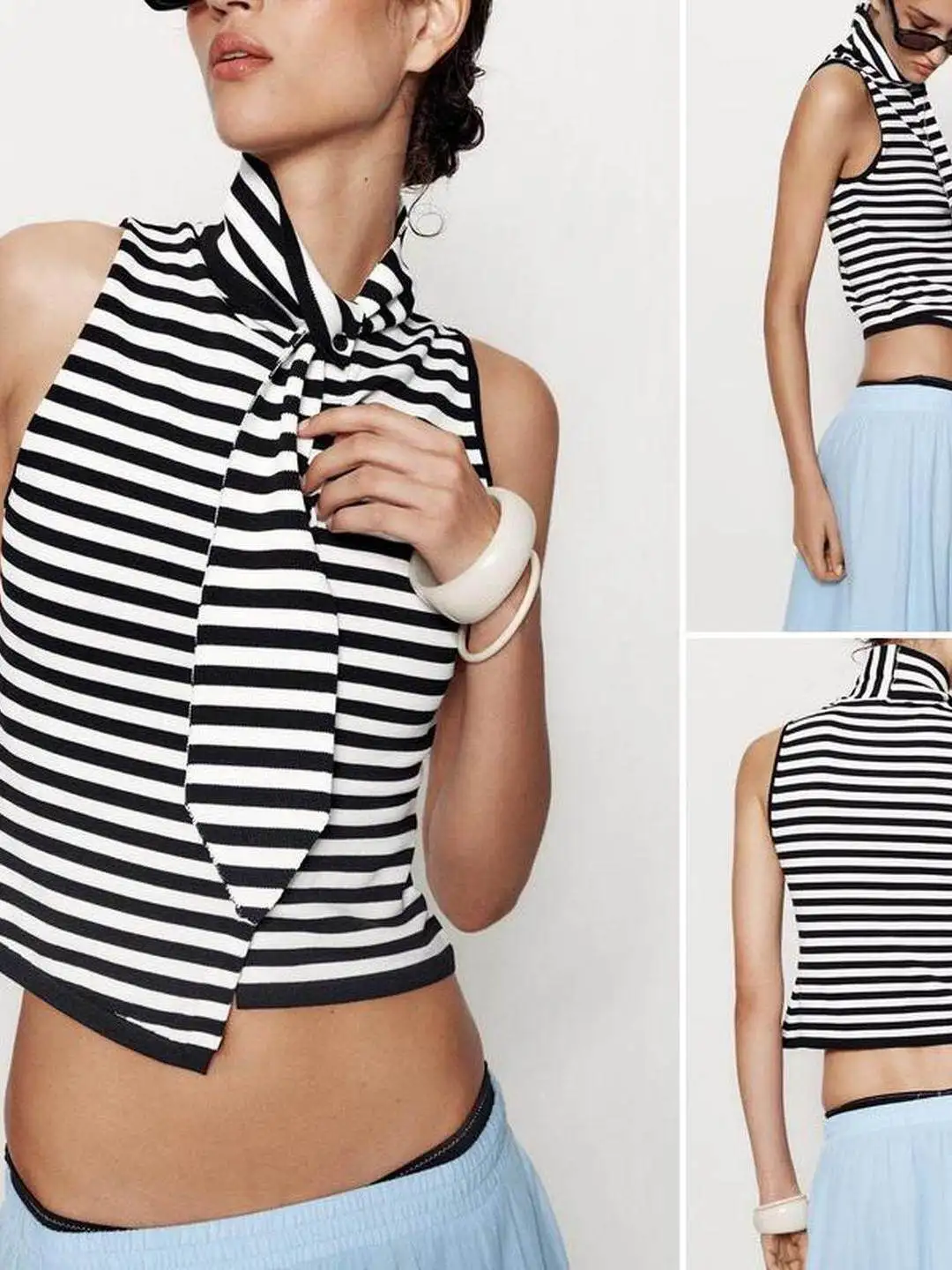 Fashionable  Knot Neck Stripe Sleeveless Knitted Top Women's Slim Fit Short Length Summer Design Sense Polyester Fiber