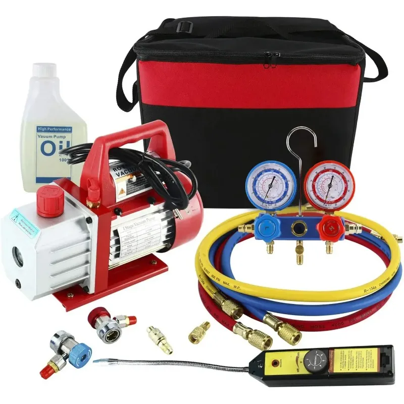 

4CFM 1/3HP Single Stage Rotary Vane Air Vacuum Pump HVAC Refrigeration Kit AC Manifold Gauge Set with Leak Detector Carry Tote