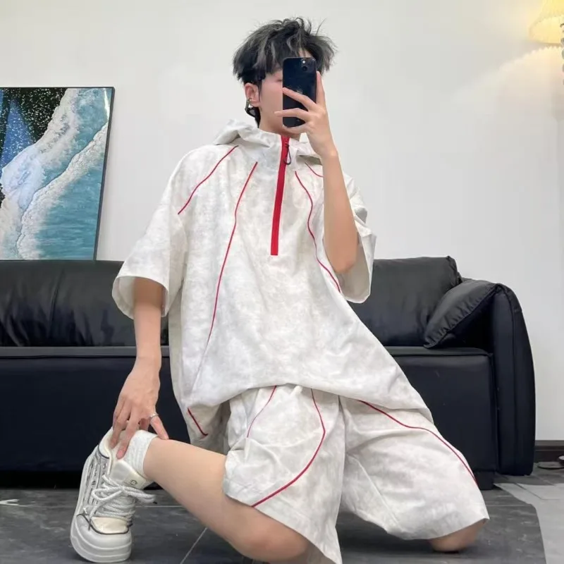 

Breathable Textured Knit Hooded Two Piece Set Unisex Loose Fit Half Zip Closure 2026 Summer Outdoor Sports Casual Loungewear