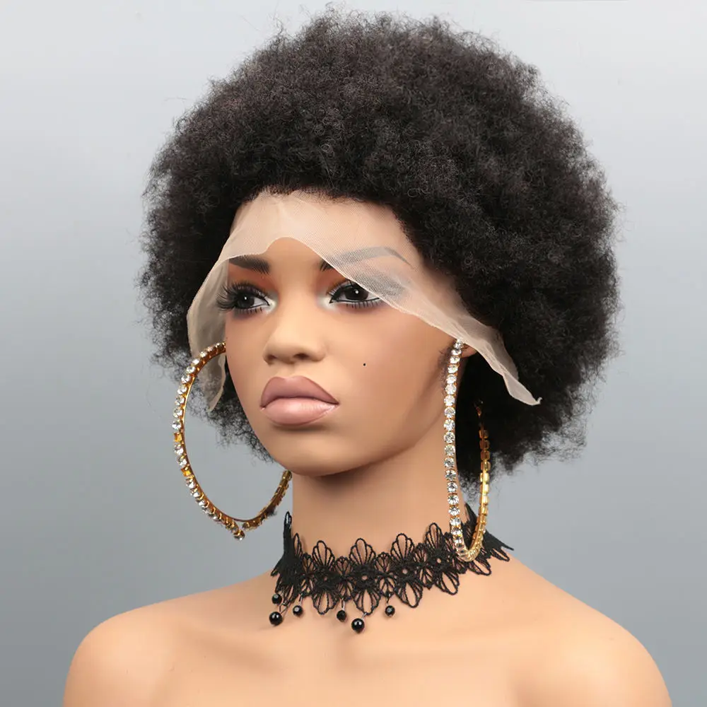 

Afro Kinky Curly 13x4 Lace Front Human Hair Wigs 180% Density Short Pixie Cut Wig For Women Short Curly Pixie Remy Wig 6 Inch
