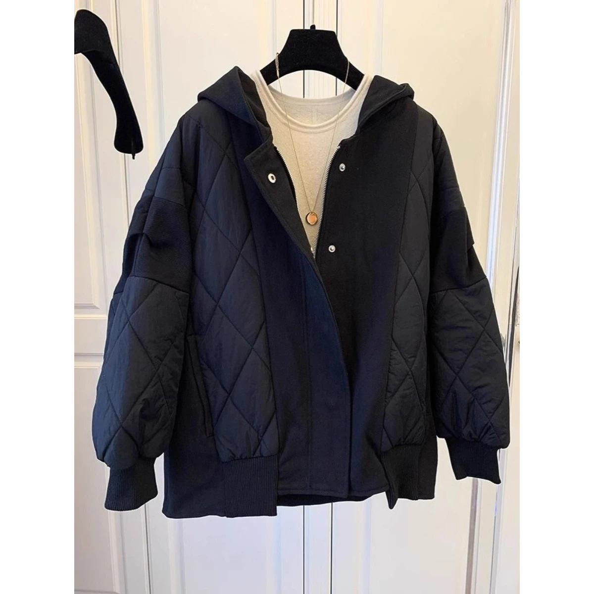 

Large Size Autumn Winter Thiened Cotton Jaet Men's Women's Bread Sle Coat Diamond Pattern Warm Outerwear Casual Wear