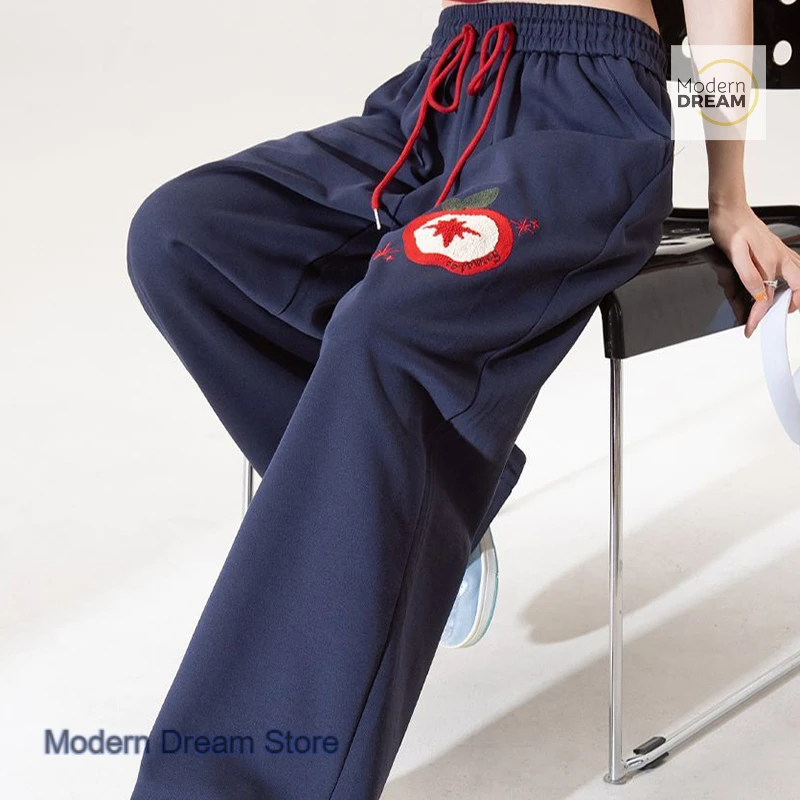 Korean style Apple Embroidery Sports Pants Women's Spring and Autumn elastic drawstring high waist loose Joker wide-leg pants