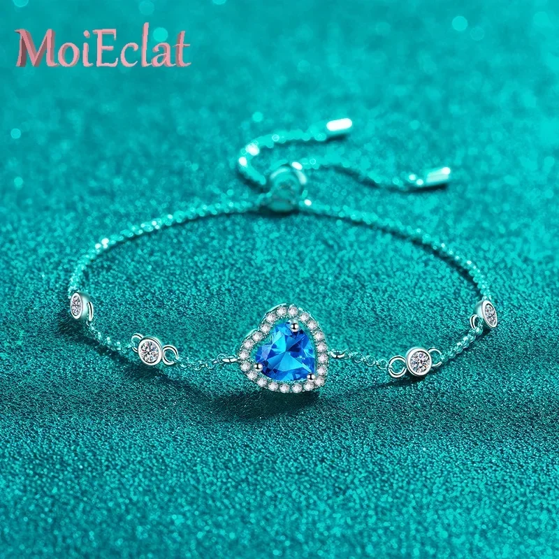 

Luxury 1 Carat Blue Heart-shaped Moissanite Bracelet, Platinum PT950 Graceful Love Bangle Women's Accessory Wedding Jewelry Gift