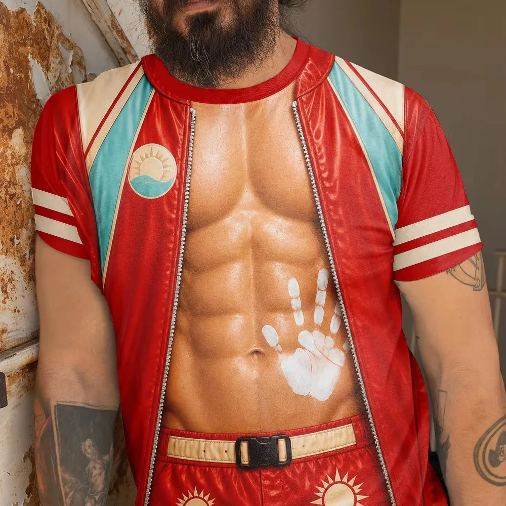 Funny Muscle Chest Faux Zipper Jacket Pattern 3D Print Men T-shirt Casual Breathable Quickdry Suitable Outdoor Sport Seaside Top