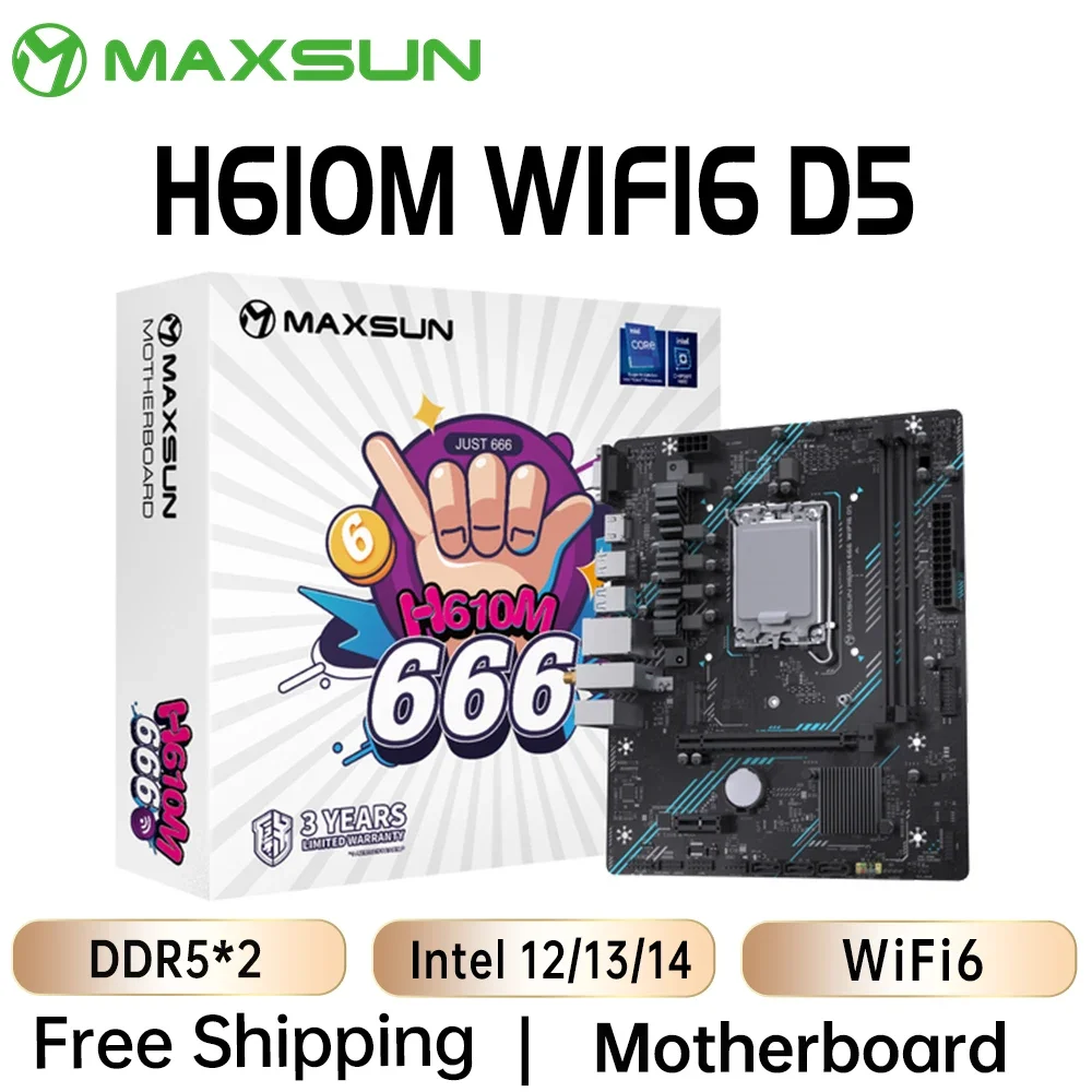 MAXSUN Motherboard H610M WIFI D5 Support Intel 14/13/12th Generation Core LGA 1700 CPU DDR5 M.2 PCIEX16 4.0 Computer Components