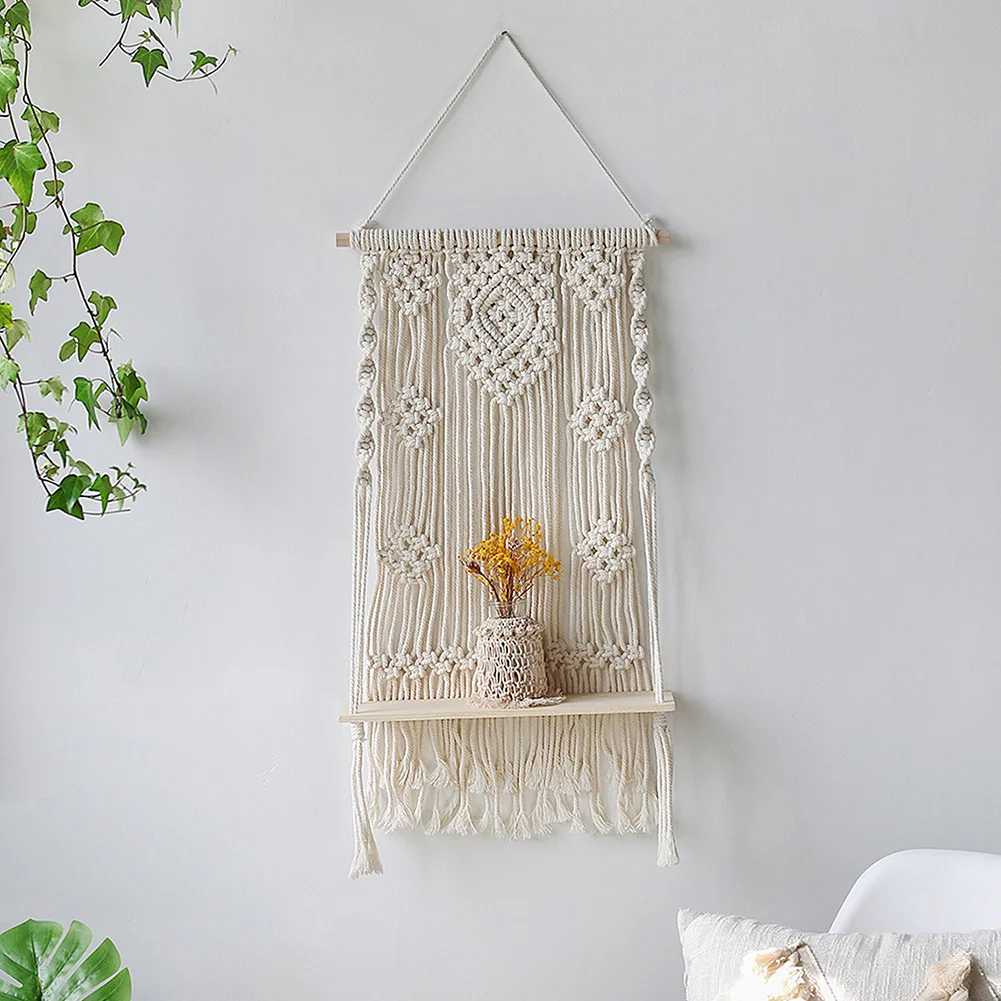 Hand-Woven Bohemian Tapestry Pendant Storage Shelf Lightweight Flower Pot Rack Wall Decor for Homestay & Bedroom Layout