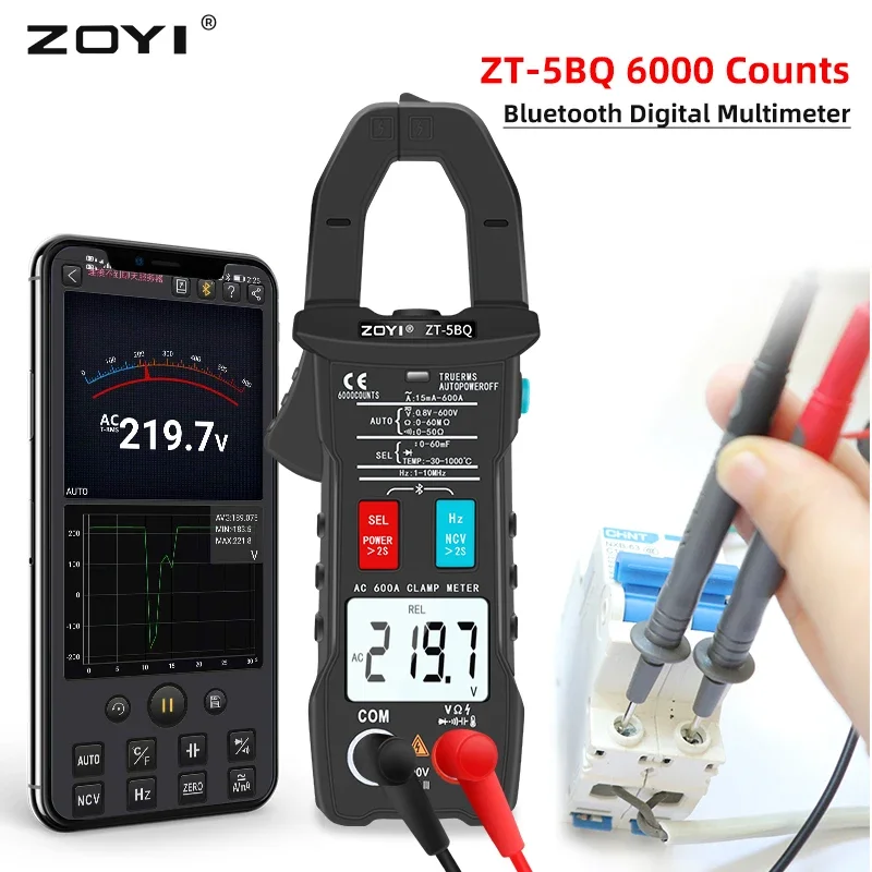Zoyi-alicates de Corrente Digital Braçadeira Bluetooth Multímetro Medidor Amperométrico ac dc Voltímetro Amperímetro Testador de Alcance Automático Zt5bq