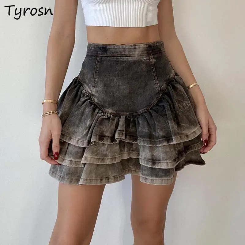 

Denim Skirts Women Mini Design Fashion Folds All-match Vintage Students Sweet Sexy Girls Do Old Simple Streetwear Tender Daily