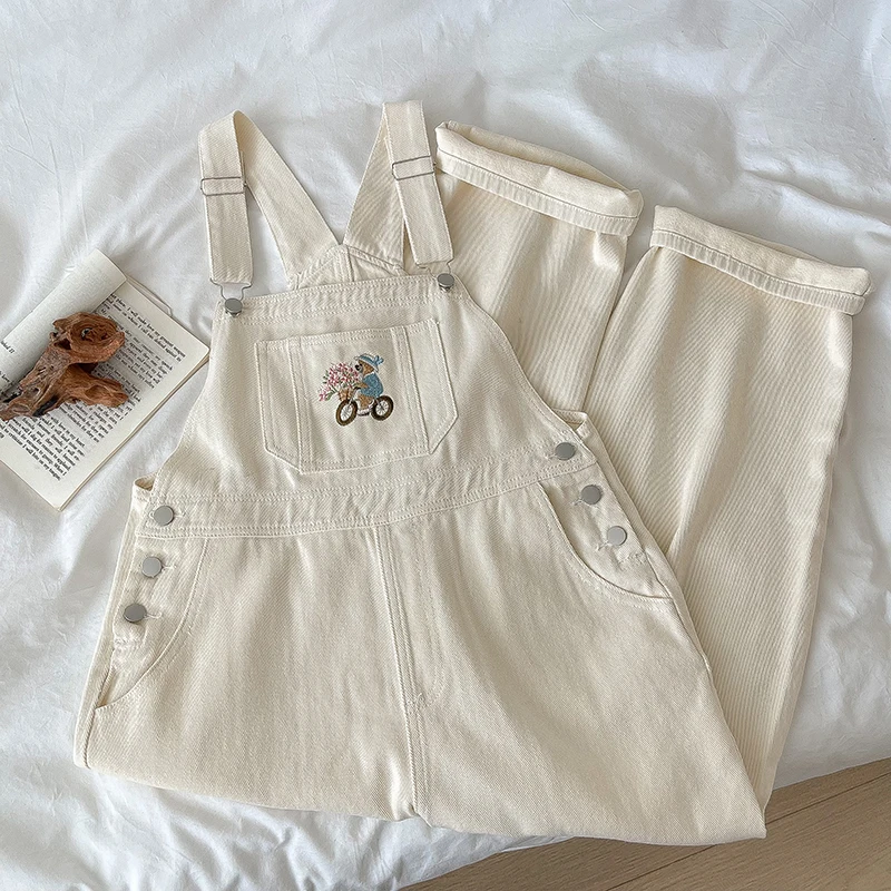 

Women Bear Embroidery Denim Cargo Jumpsuit Spring High Waist Loose Wide Leg Jeans Korean Style Female Casual Straight Overalls