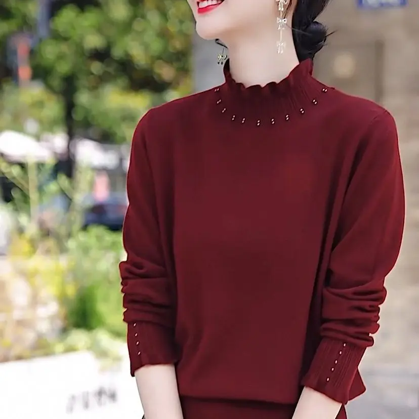 Half Turtle Neck Fashionable Women's Clothing Fashionable and Versatile Solid Color Fungus Lace Sweater Autumn New Sweater