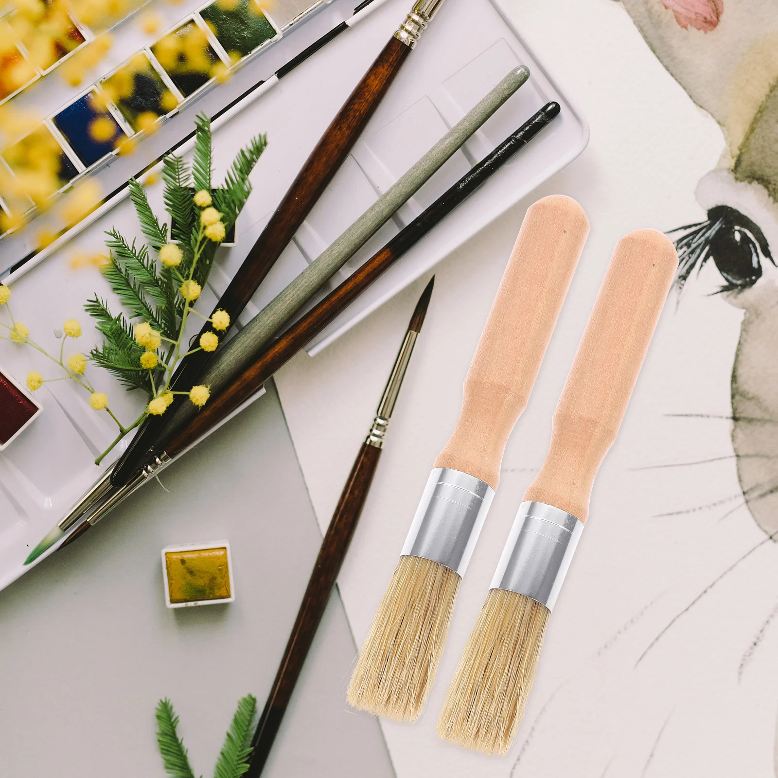 قطعتان من فرش الطلاء ذات الرأس الدائري مع مقبض خشبي أملس لطلاء الأكريليك بالألوان المائية الزيتية DIY Art Craft للبالغين #5