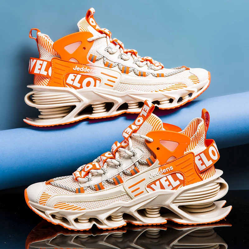 新人デザイナー男性スポーツランニングシューズオレンジブルージョギングスポーツスニーカー男性用ブレードボトムユースウォーキングシューズ