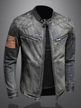 2024 new men's denim jacket trendy retro fashion casual stand-up collar zipper jacket handsome riding biker clothing denim tops 2