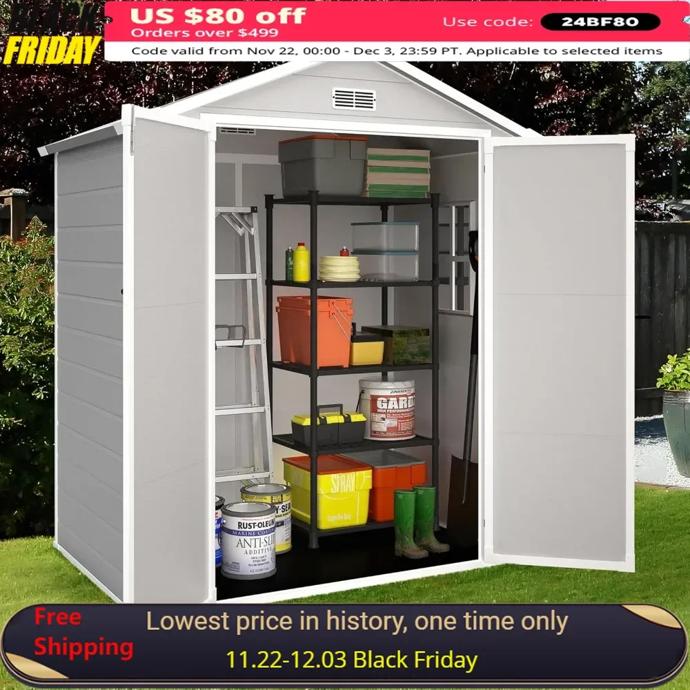 6 X 4 FT Outdoor Storage Shed with Floor, Side Window, Lockable Door, Front & Rear Vents, Resin Plastic Storage Shed