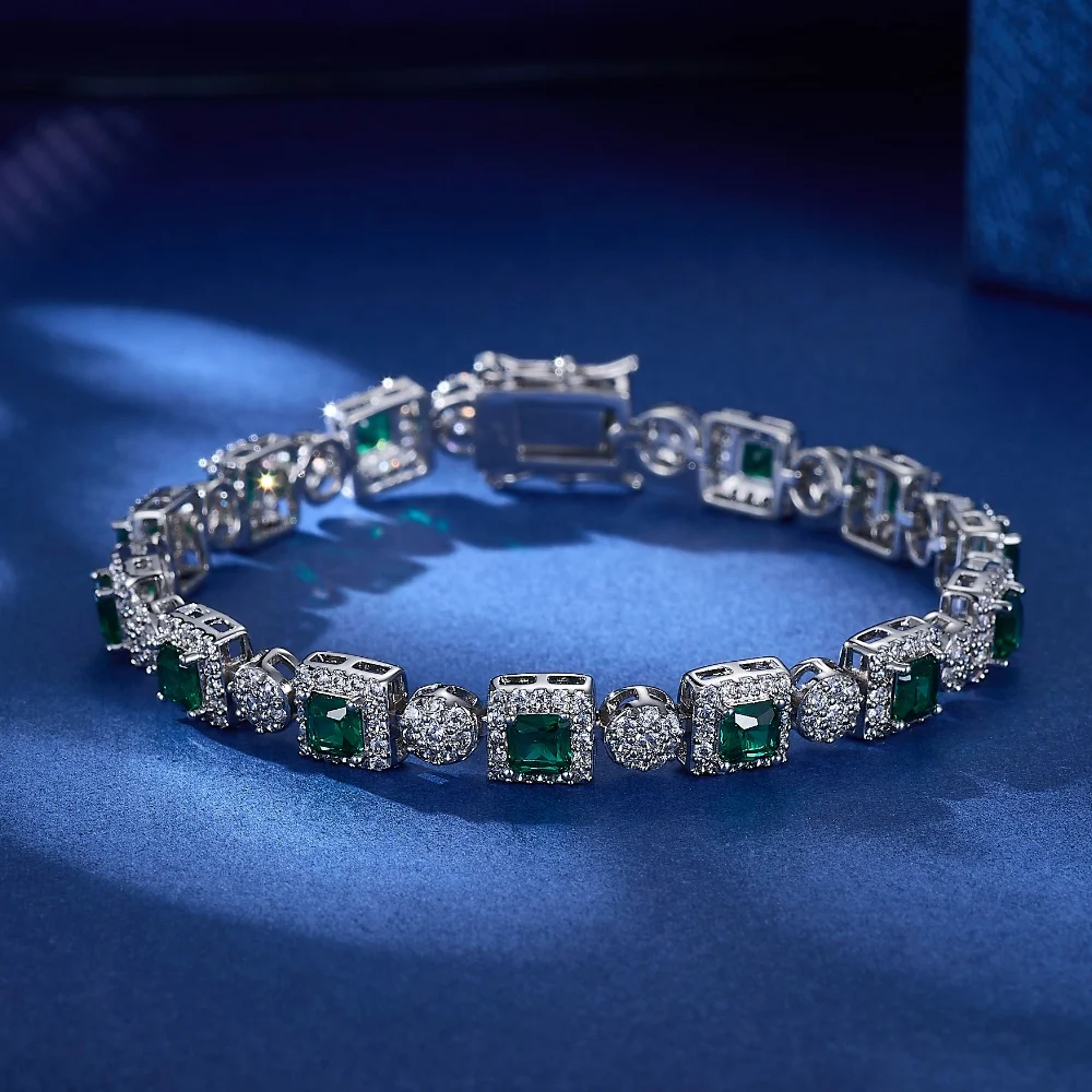 

Luxury Copper Jewelry Women Bracelets Sliver Plated Square Green Zircon Bracelet