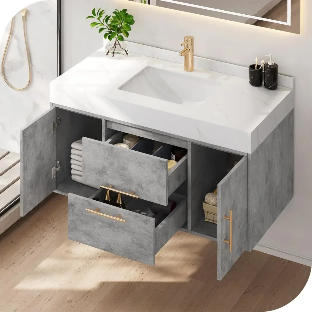 40 Inch  Grey Floating Bathroom Vanity Wall Mounted Bathroom Vanity with White Sintered Stone Countertop