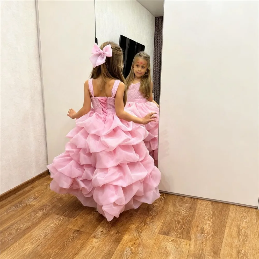 

Customized Luxury Shiny Flower Girl Dress For Wedding Layered Sleeveless Puffy Sequins Kids Birthday First Communion Party Gown