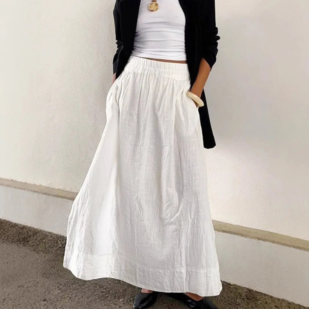 

Pleated Autumn Women's Skirt 100% Cototn White Elastic Waist Pockets Lady A-Line Long Skirt Leisure Style Chic Skirt For Female