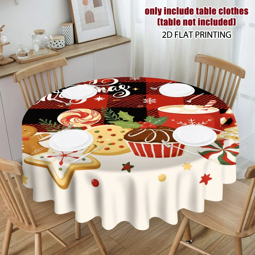 2D flat print, 1-piece Christmas food decoration round tablecloth design, adds a intimate atmosphere to the dining time,